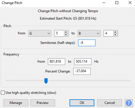 Change pitch settings in Audacity