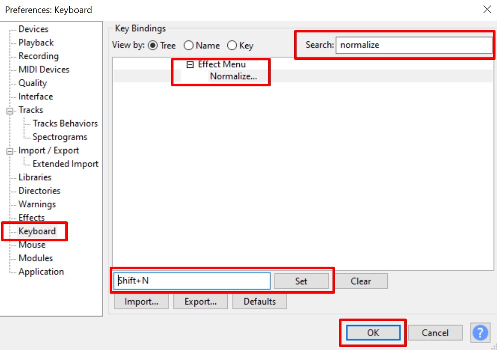 Setting shortcut key bindings to effects in Audacity