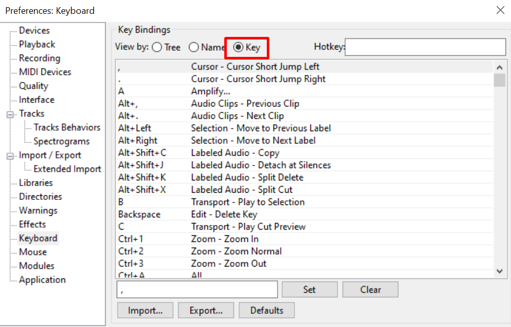 Checking existing key bindings in Audacity