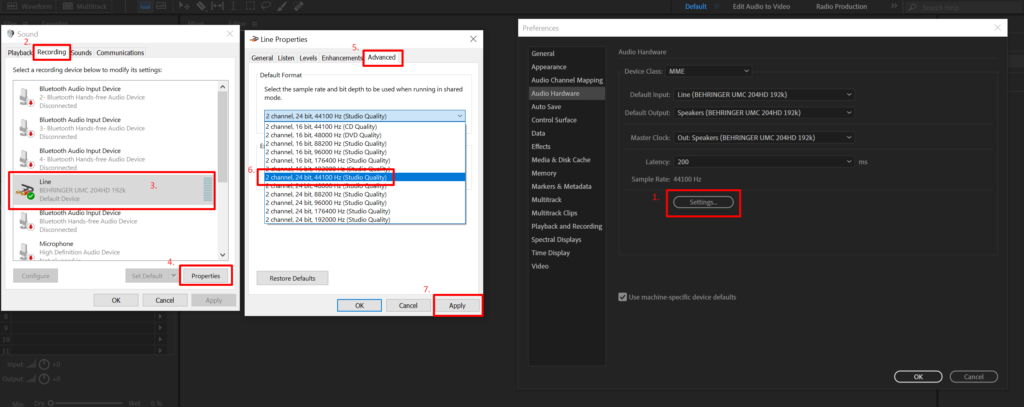 Scheme on how to change recording Sample rate settings in Adobe Audition.