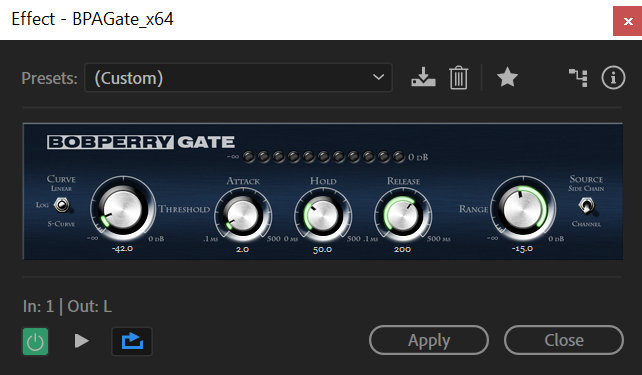 Noise gate settings to reduce noise floor by 15dB in Adobe Audition.