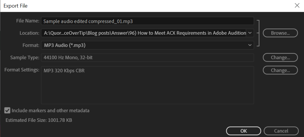 Export settings in Adobe Audition to meet ACX requirements.