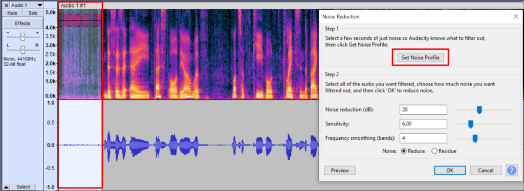 Selecting keyboard noise and getting a Noise Profile in Audacity