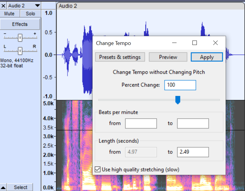 Adjusting audio tempo in Audacity.