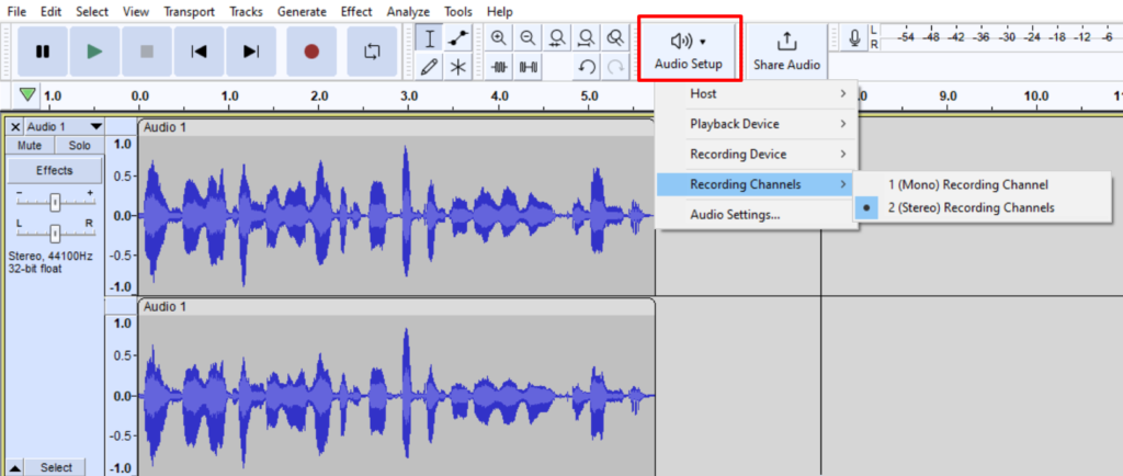 Choosing to record a stereo track in Audacity.