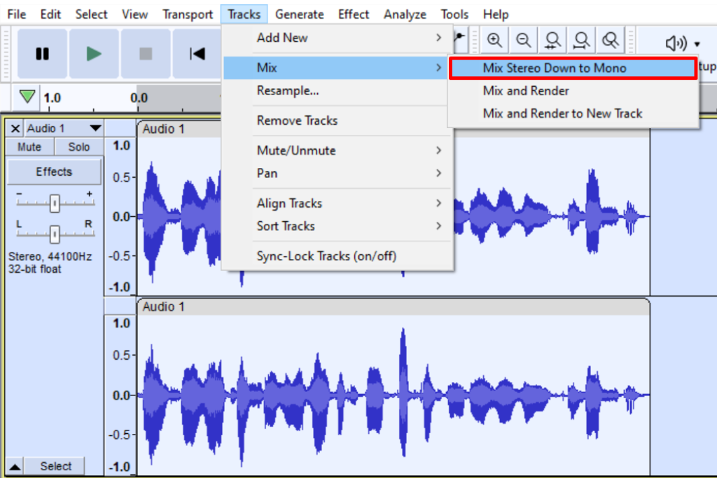 Mixing Stereo Down to Mono in Audacity.