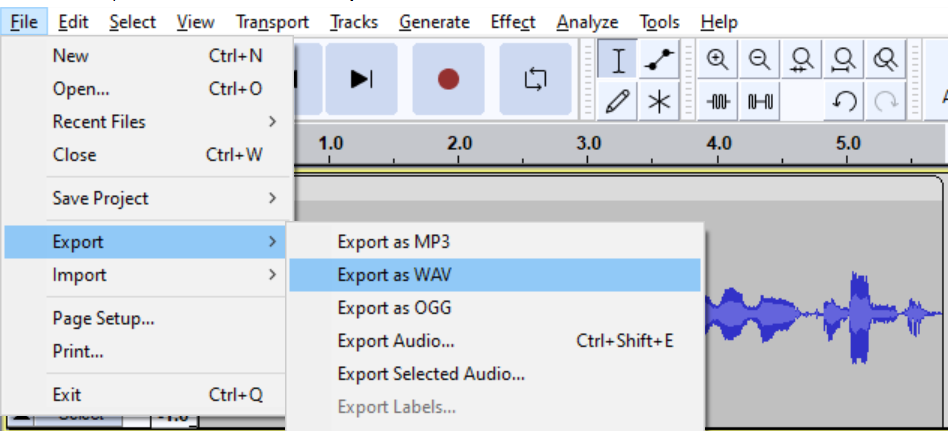 Exporting audio in WAV format in Audacity.