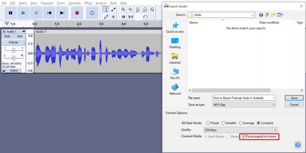 Exporting audio in MP3 format in Audacity.