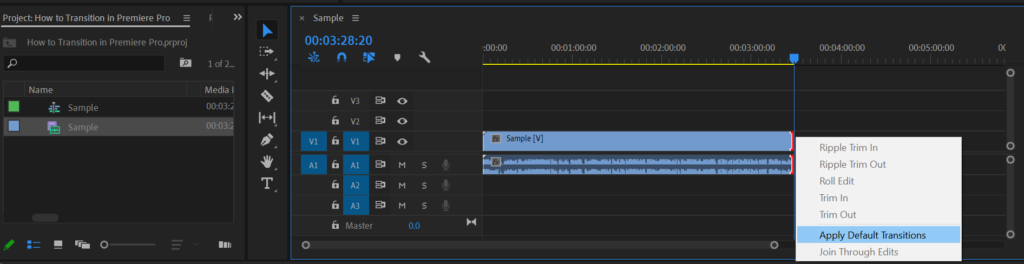 Applying default transitions in Premiere Pro
