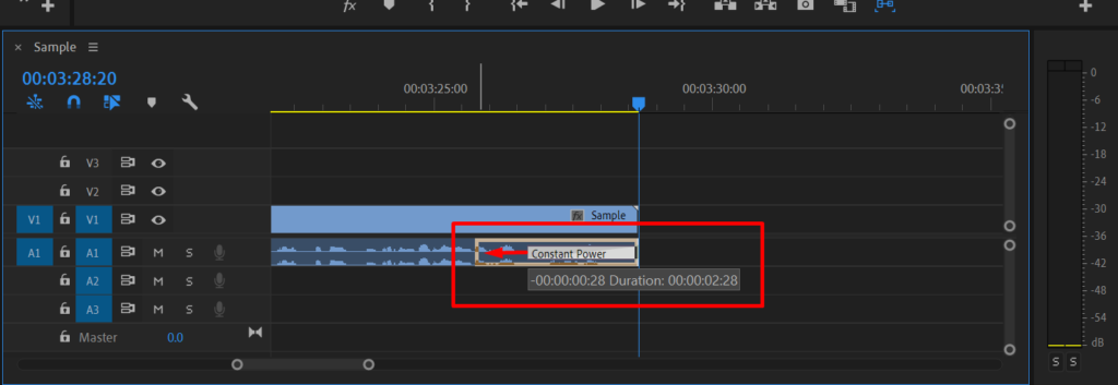 Adjusting the length of audio transition in Premiere Pro.