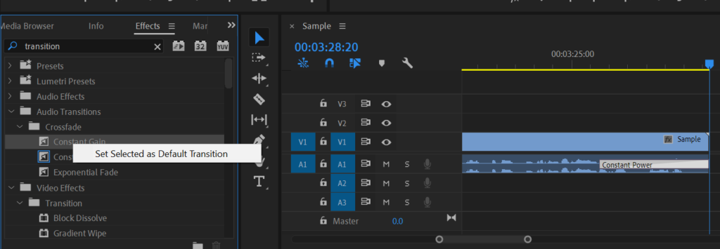 Changing default transition within Premiere Pro