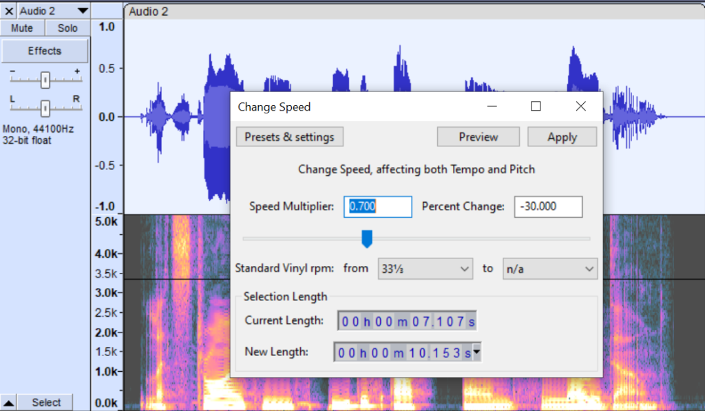 Adjusting audio speed in Audacity