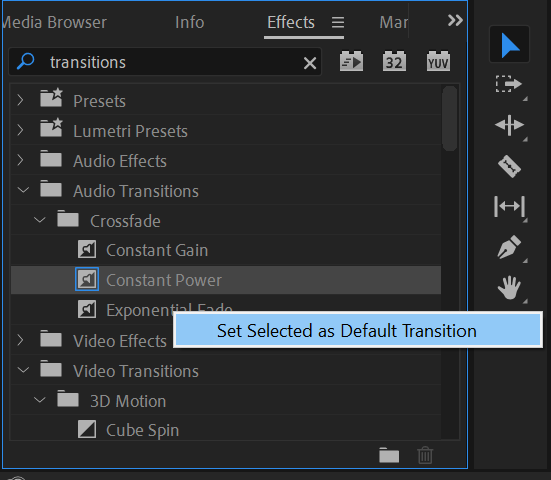 Changing default transition in Premiere Pro.