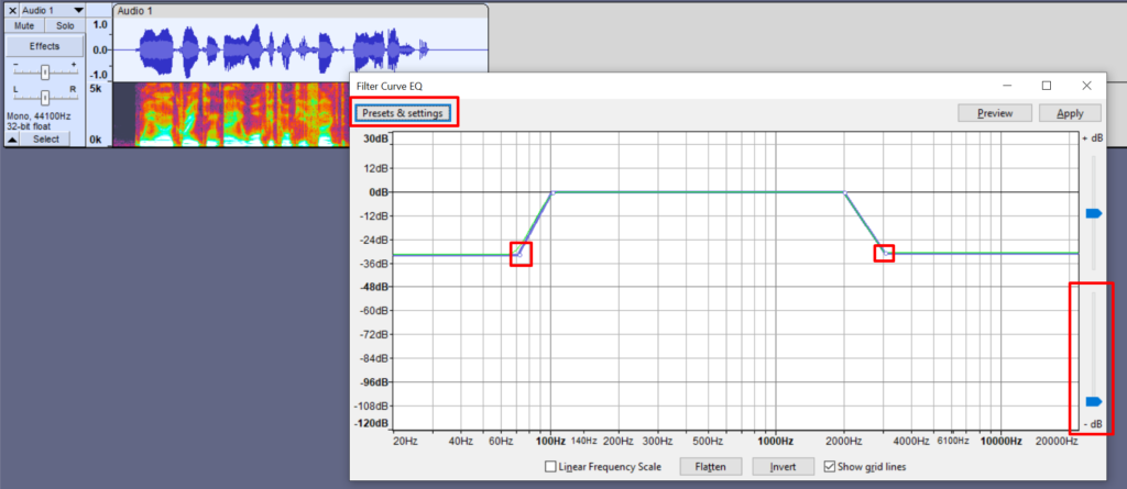 Adjusting Walkie-talkie preset's settings in Audacity's Filter Curve EQ.