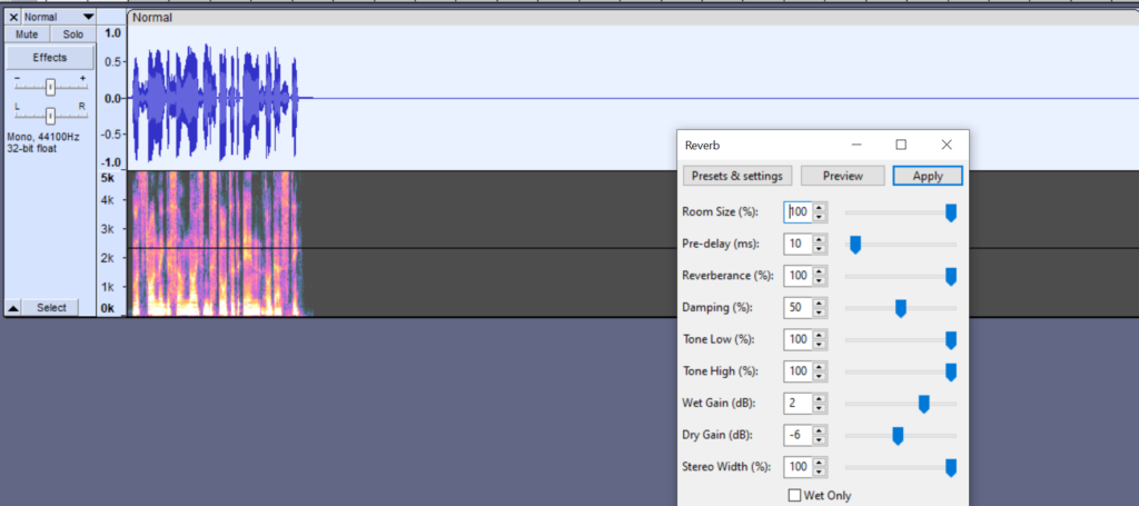 Reverb settings in Audacity.