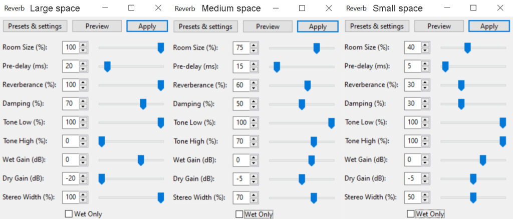 Reverb settings for different cave sizes in Audacity. 