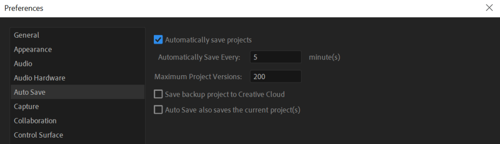 Setting Auto Save settings in Premiere Pro.