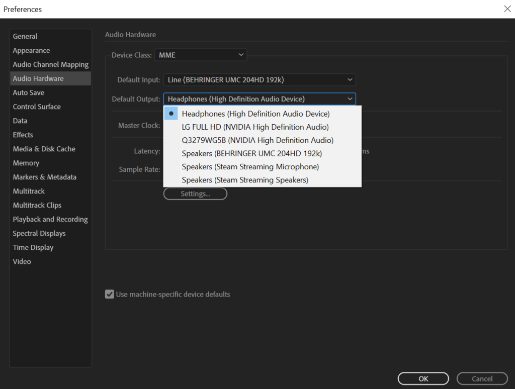 Audio Hardware menu in Adobe Audition