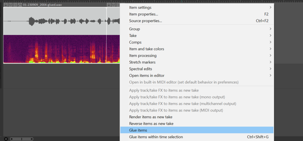 Merging audio in Reaper.